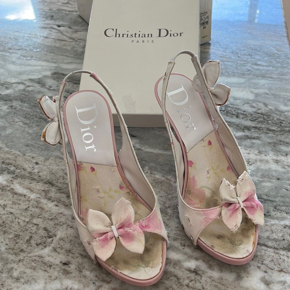 Sexy Christian Dior heels, cute bow on toe and ankle strap, worn look on fabric